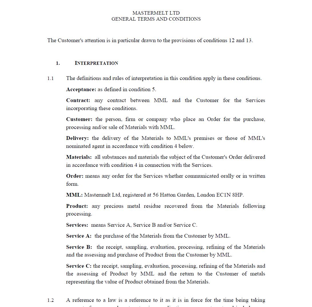 Mastermelt Refining Services Ltd – General Terms and Conditions